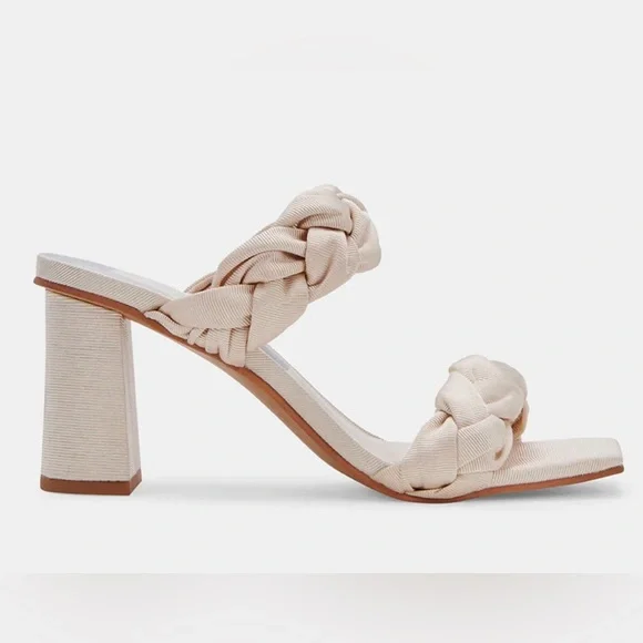 Dolce Vita Beige Silk Double Strap Braided Heels Pheby Size 6 Square Toe - Picture 3 of 11